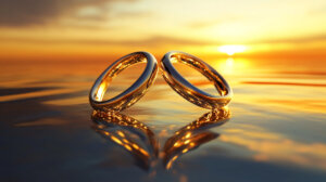 Golden Wedding Rings Reflecting on Sunset Lit Water Surface. Two intertwined golden wedding rings rest on a calm water surface under a vibrant sunset.