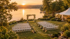 How to choose a wedding venue featuring an elegant lakeside wedding ceremony setup with rows of white chairs, a floral arch, string lights, an ivory tent, lush greenery, and a calm lake at golden hour.