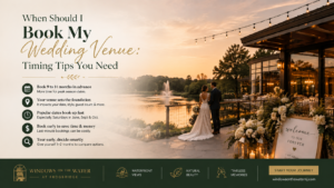 Wedding venue timing tips graphic featuring a bride and groom walking toward a lakeside gazebo, with text about when to book a wedding venue and planning ahead for popular dates.
