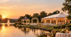 Elegant lakeside wedding venue pricing guide comparing official venue packages and general wedding venue cost estimates for Windows on the Water in New Jersey.